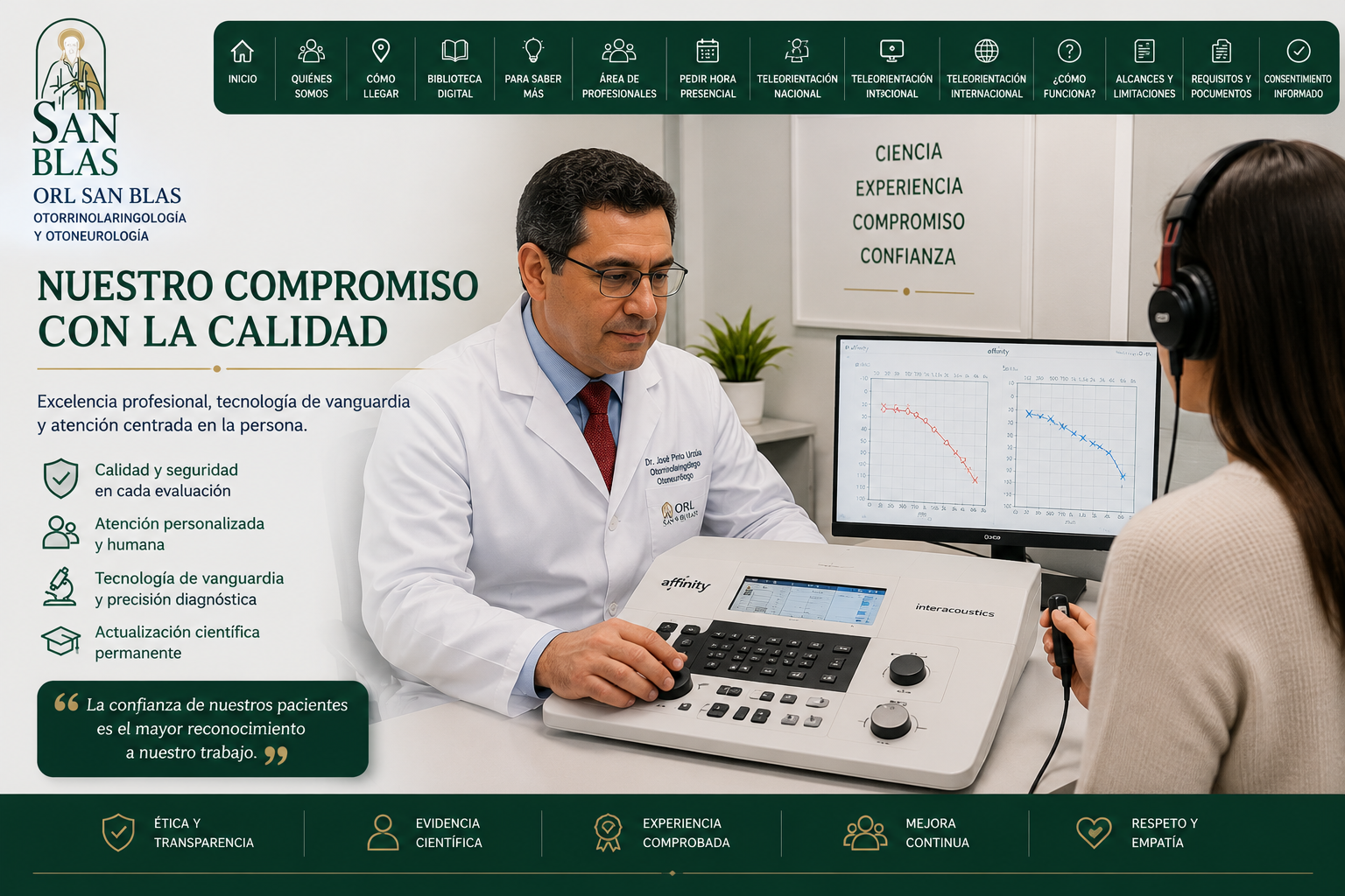 Dr. José Pinto Urzúa realizando una evaluación auditiva con plataforma Affinity en ORL San Blas