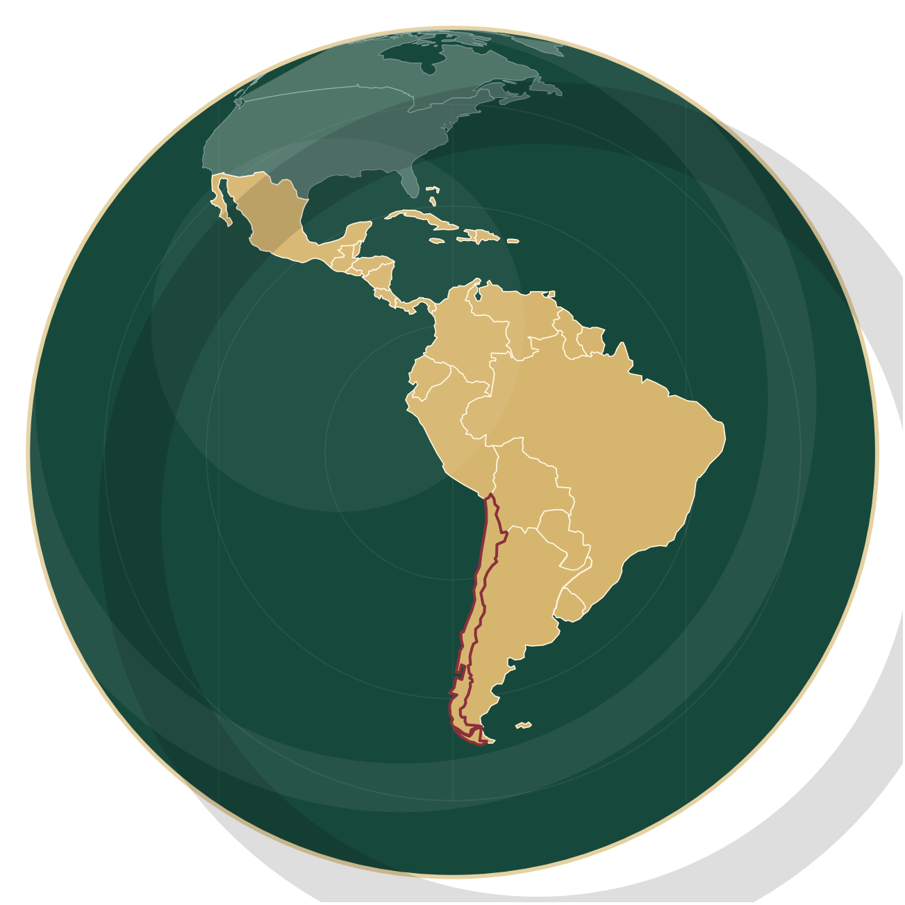 Globo terráqueo centrado en Latinoamérica, con divisiones políticas desde México hasta la Patagonia