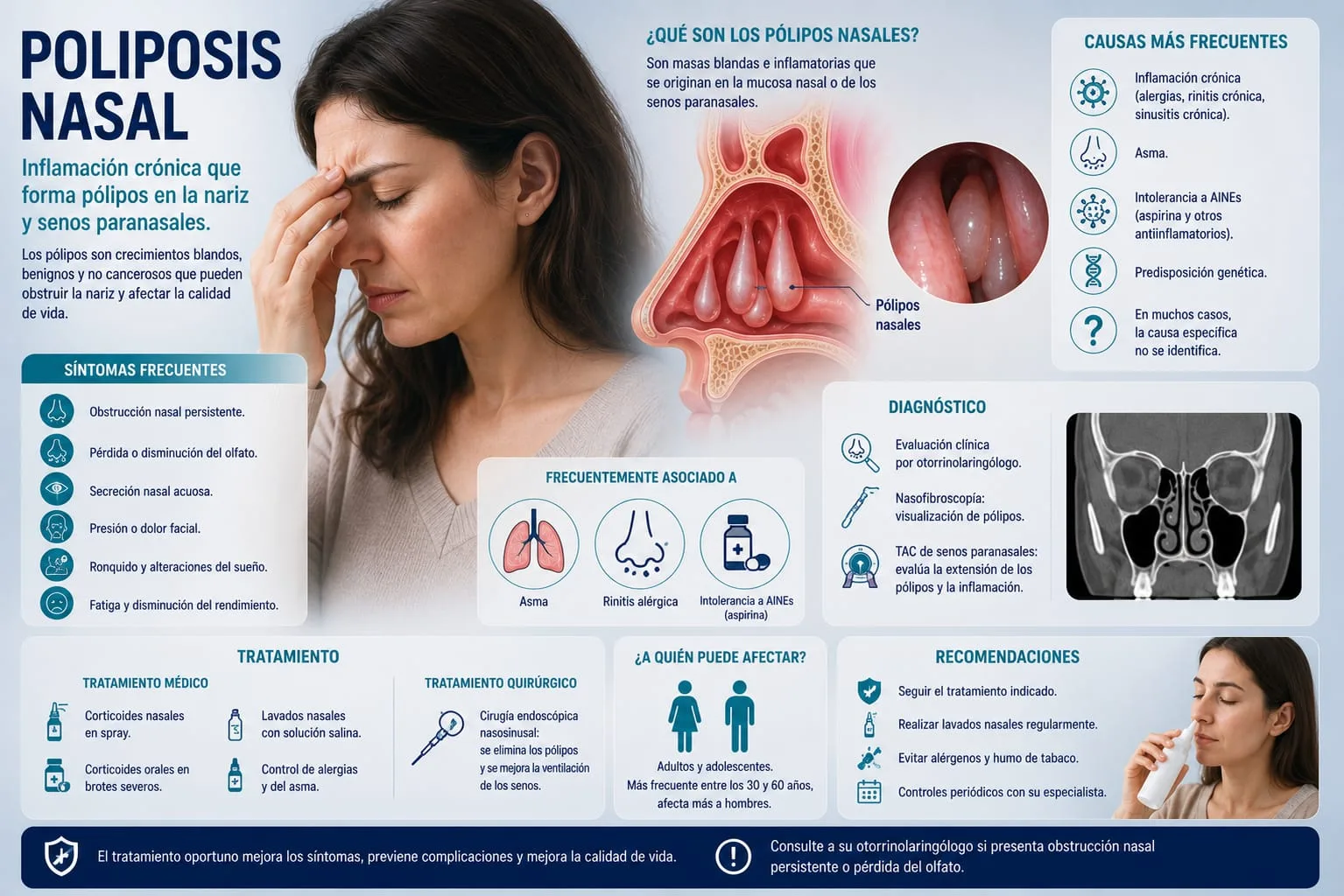 Corte anatómico nasal con pólipos señalados, endoscopia mostrando pólipos y tomografía coronal de senos paranasales