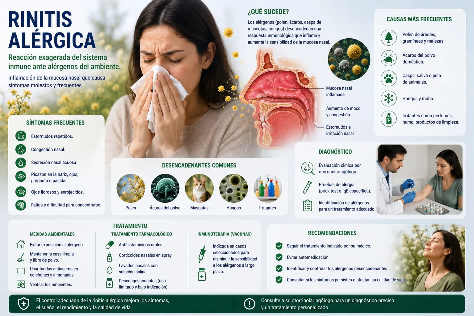 Mujer estornudando por alergia nasal, con corte de mucosa nasal inflamada y desencadenantes como polen, ácaros, mascotas y hongos