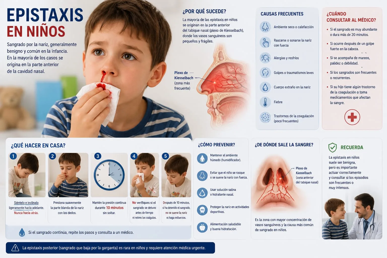 Niño con sangrado nasal recibiendo primeros auxilios, con esquema del plexo de Kiesselbach y pasos de manejo en casa