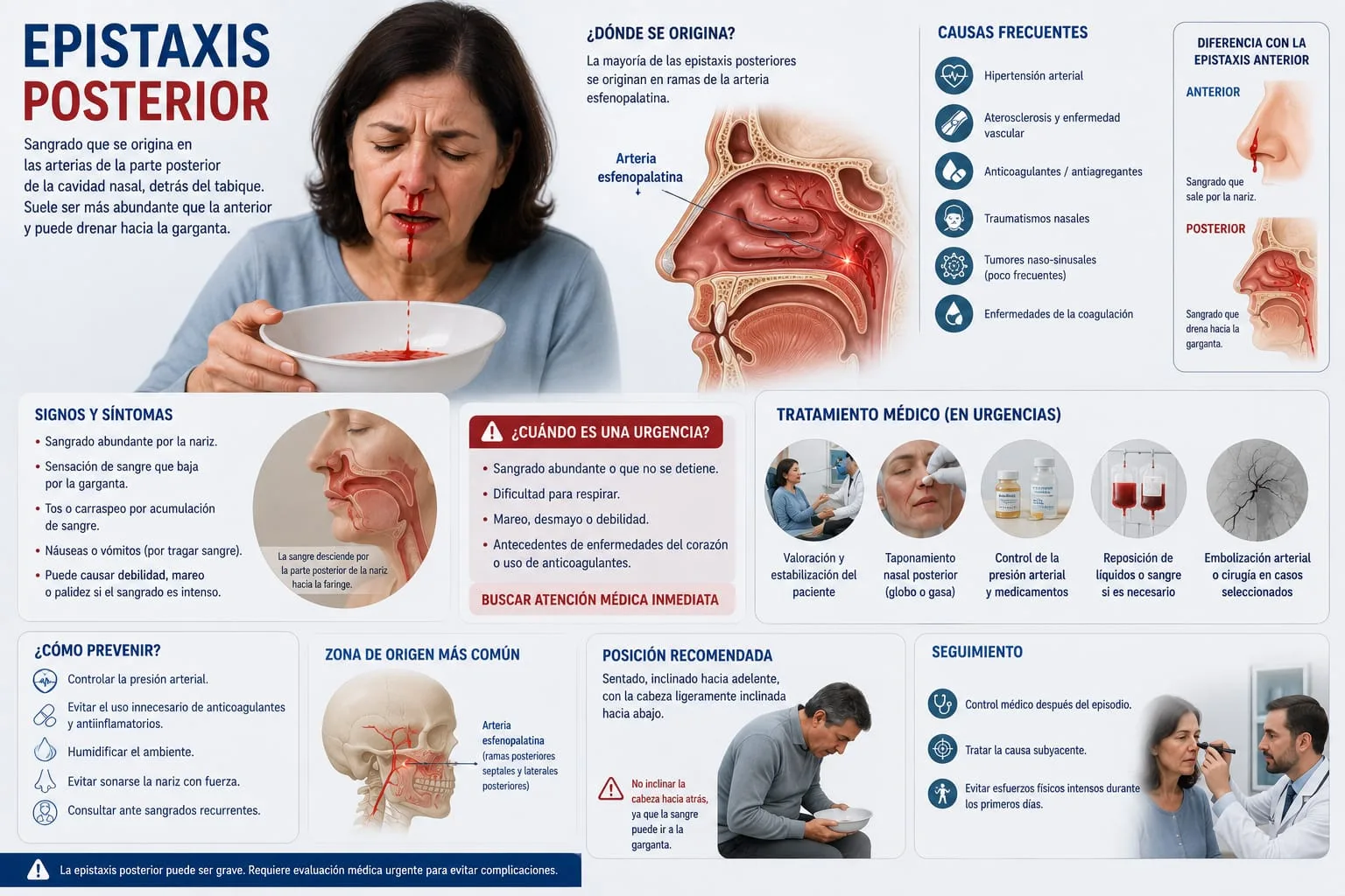 Adulto con epistaxis posterior recibiendo primeros auxilios, con esquema de la arteria esfenopalatina y comparación entre sangrado anterior y posterior