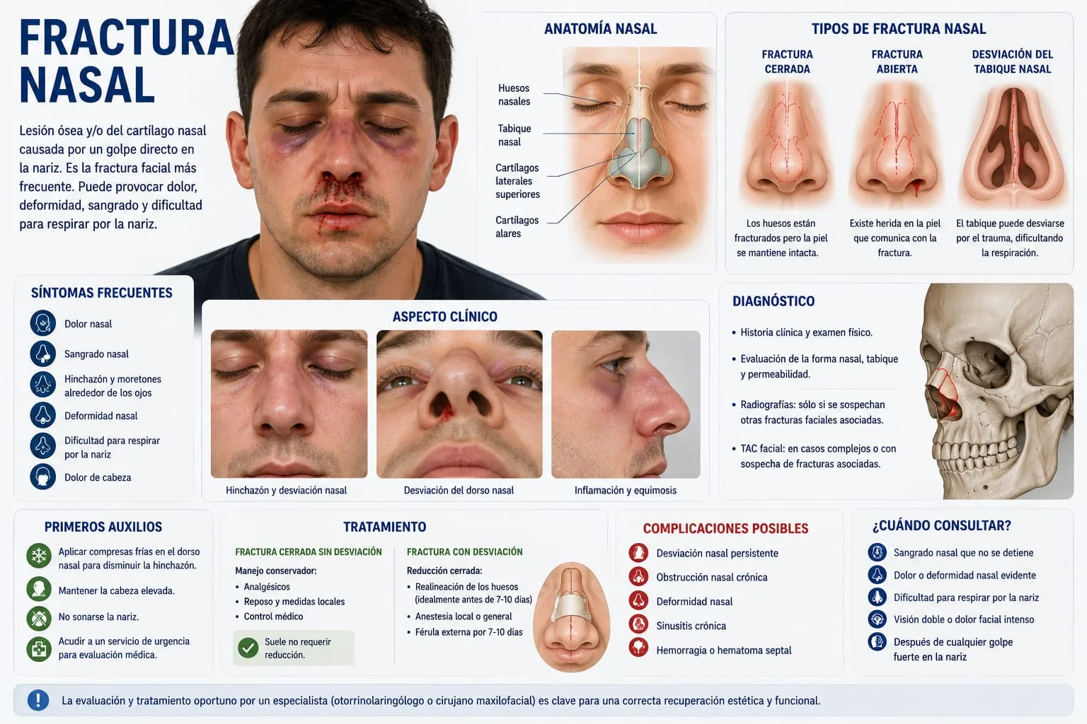 Trauma nasal con desviación y equimosis periorbitaria, junto a esquemas de tipos de fractura nasal y del tabique