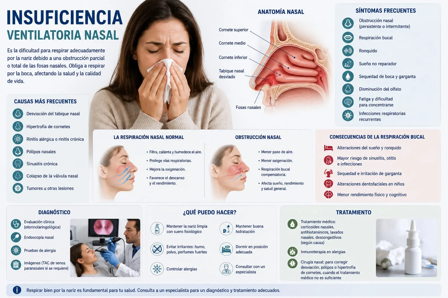 Corte anatómico nasal mostrando cornetes y tabique desviado, con comparación entre respiración normal y obstrucción nasal