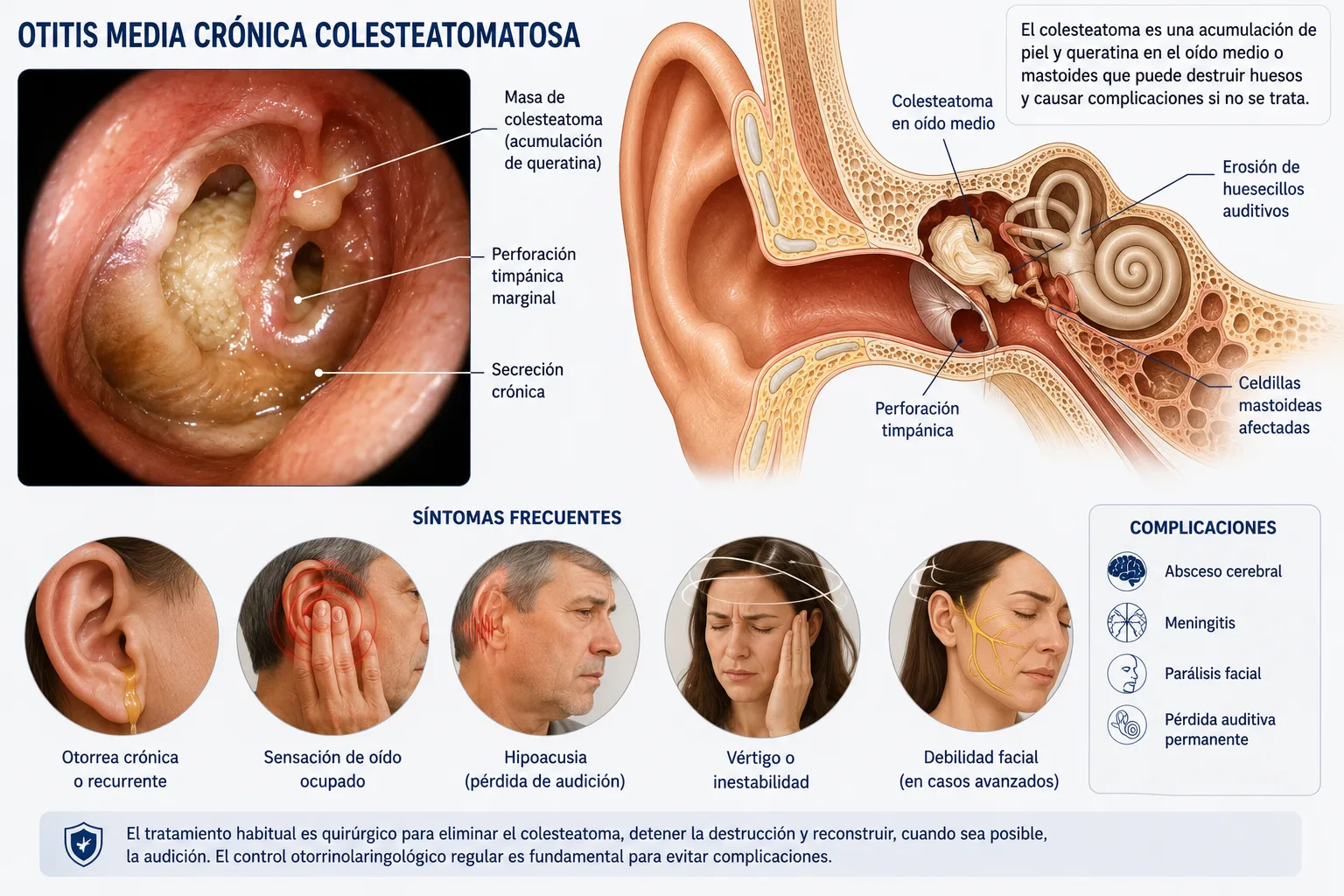 Otoscopia mostrando colesteatoma con acumulación de piel en el oído medio, junto a corte anatómico que señala erosión de los huesecillos