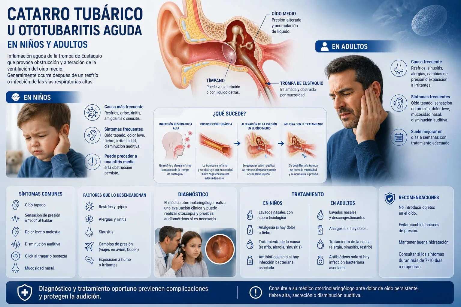 Corte anatómico del oído mostrando la trompa de Eustaquio inflamada y obstruida, con acumulación de líquido en el oído medio