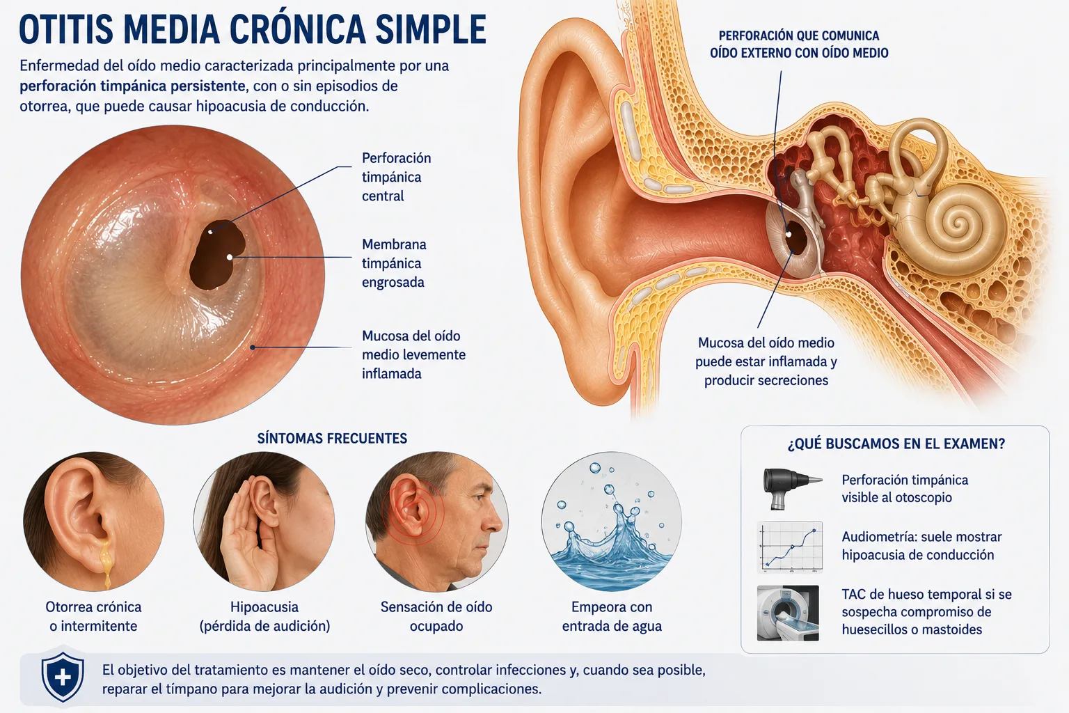 Otoscopia de una perforación timpánica central con mucosa de oído medio visible, junto a corte anatómico mostrando la perforación que comunica el oído externo con el oído medio