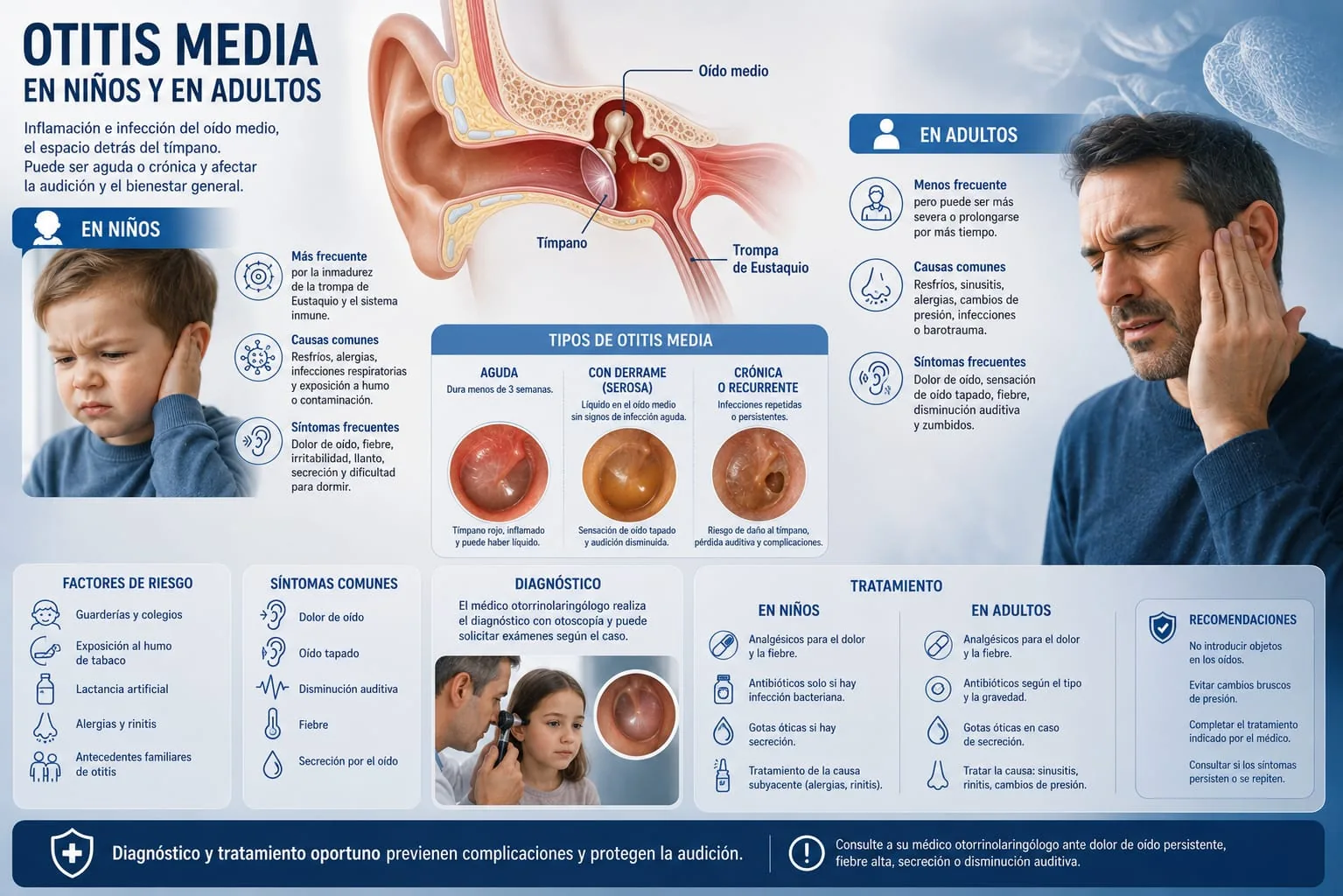 Niño y adulto con dolor de oído e infografía del oído medio mostrando tímpano, trompa de Eustaquio y tipos de otitis media