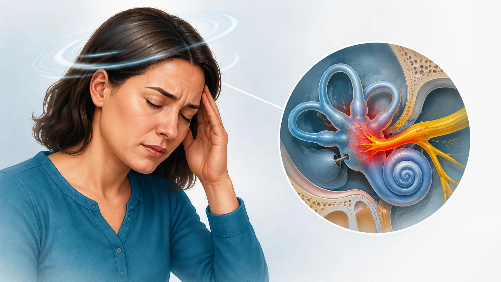 Mujer con vértigo sosteniéndose la cabeza y detalle anatómico del oído interno mostrando el nervio vestibular inflamado