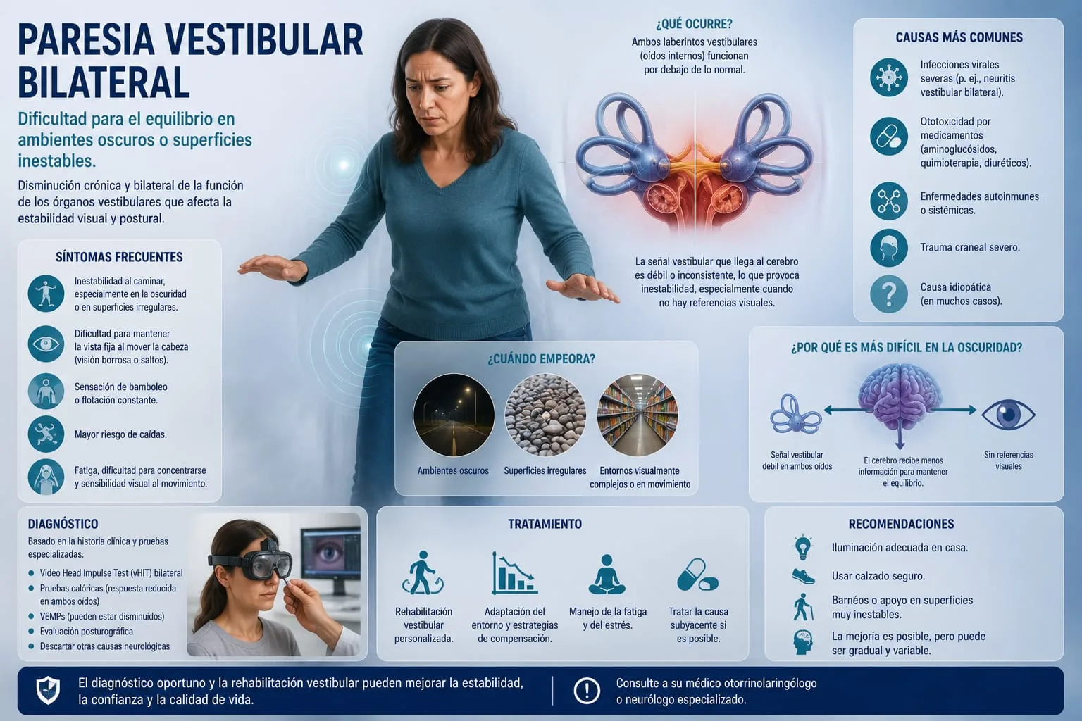 Esquema de ambos laberintos del oído interno con función vestibular reducida en los dos lados, junto a persona con inestabilidad al caminar en superficies irregulares