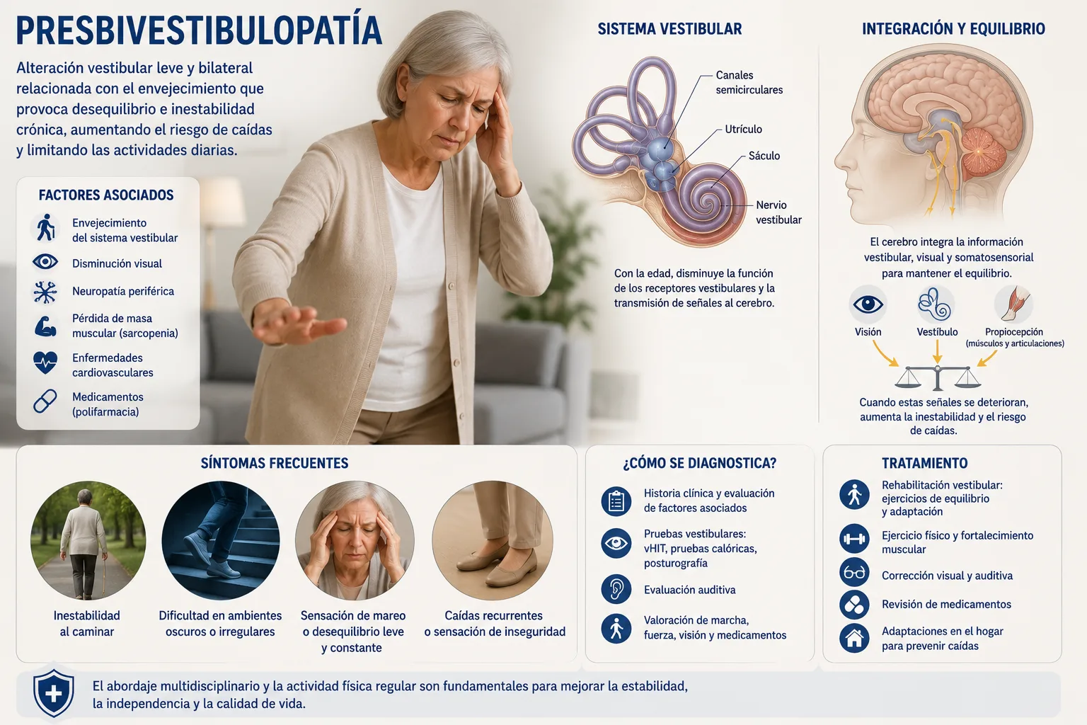 Esquema del sistema vestibular y su integración con el cerebro, junto a persona mayor con inestabilidad al caminar y riesgo de caídas