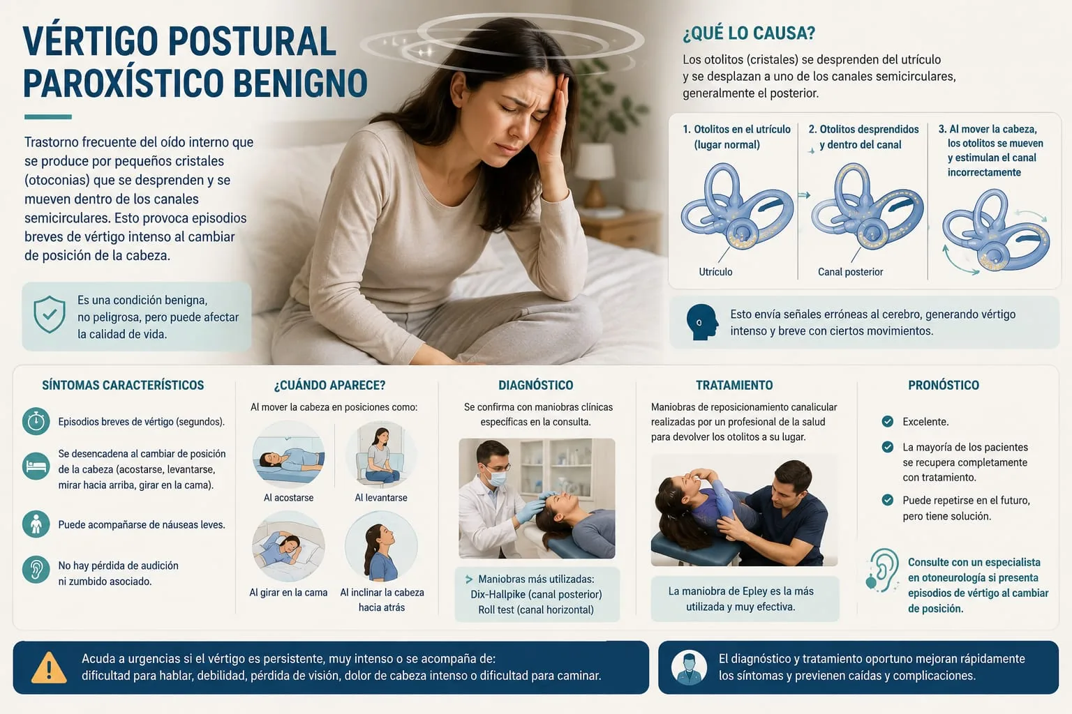 Mujer con vértigo e ilustración del desplazamiento de otoconias dentro de los canales semicirculares del oído interno