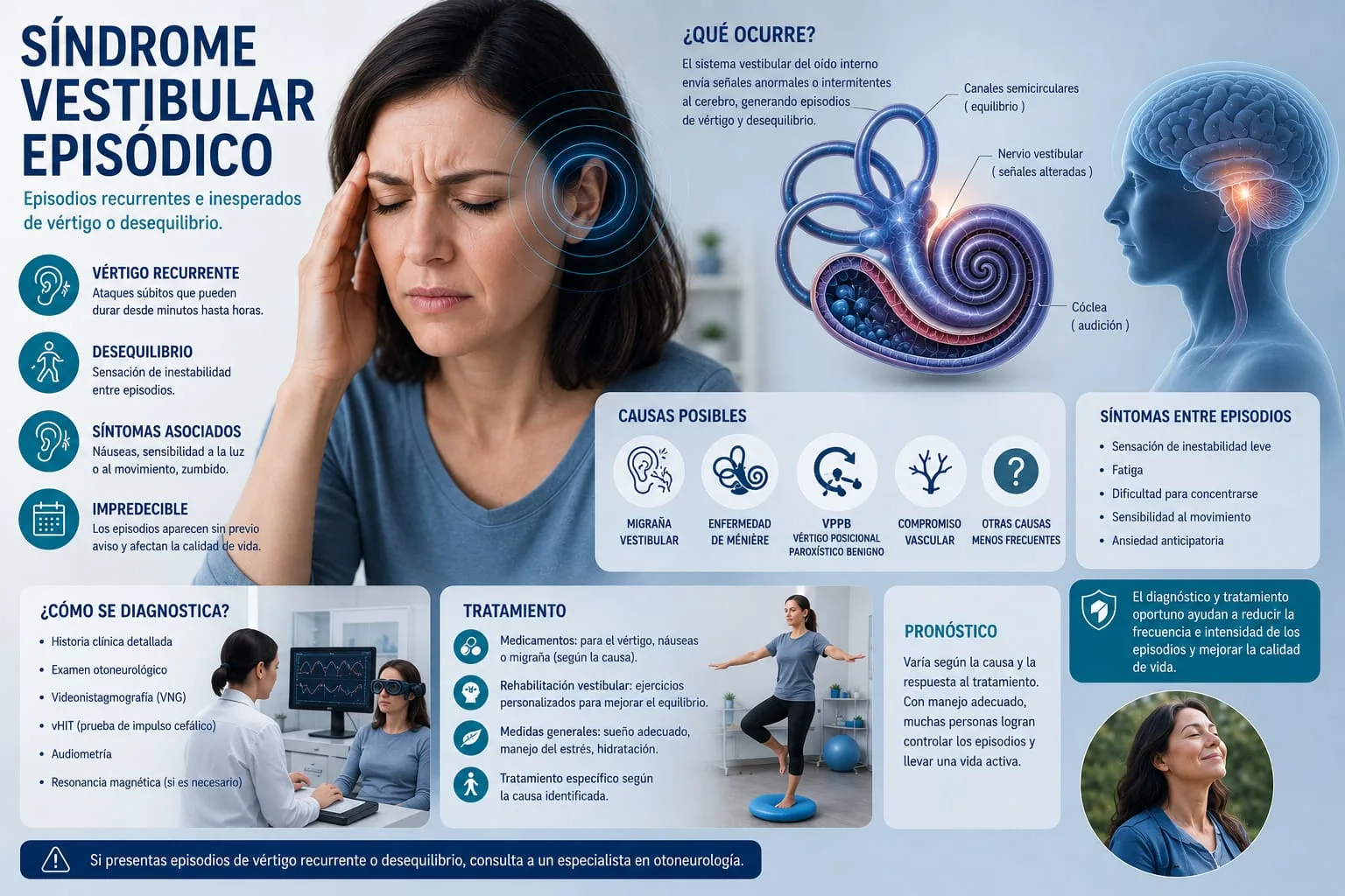 Esquema de episodios recurrentes de vértigo con causas asociadas: migraña vestibular, enfermedad de Menière, VPPB y causa vascular