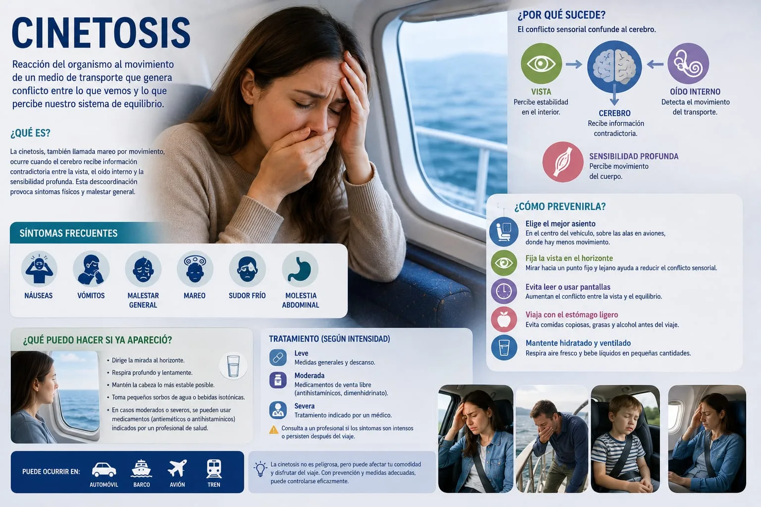 Persona en distintos medios de transporte (barco, auto, avión) con síntomas de mareo, junto a esquema del conflicto entre la visión, el oído interno y el cerebro