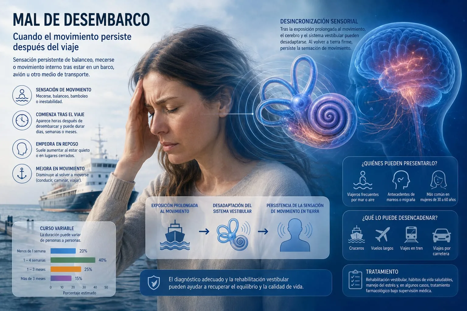 Persona en un muelle tras desembarcar de un barco, con íconos de crucero, avión, tren y auto, y esquema del mecanismo vestibular-cerebral persistente