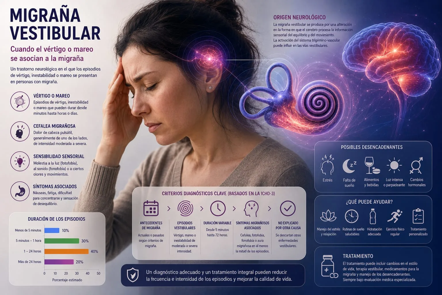 Mujer con vértigo y dolor de cabeza migrañoso, con esquema del origen neurológico, criterios diagnósticos ICHD-3 y posibles desencadenantes