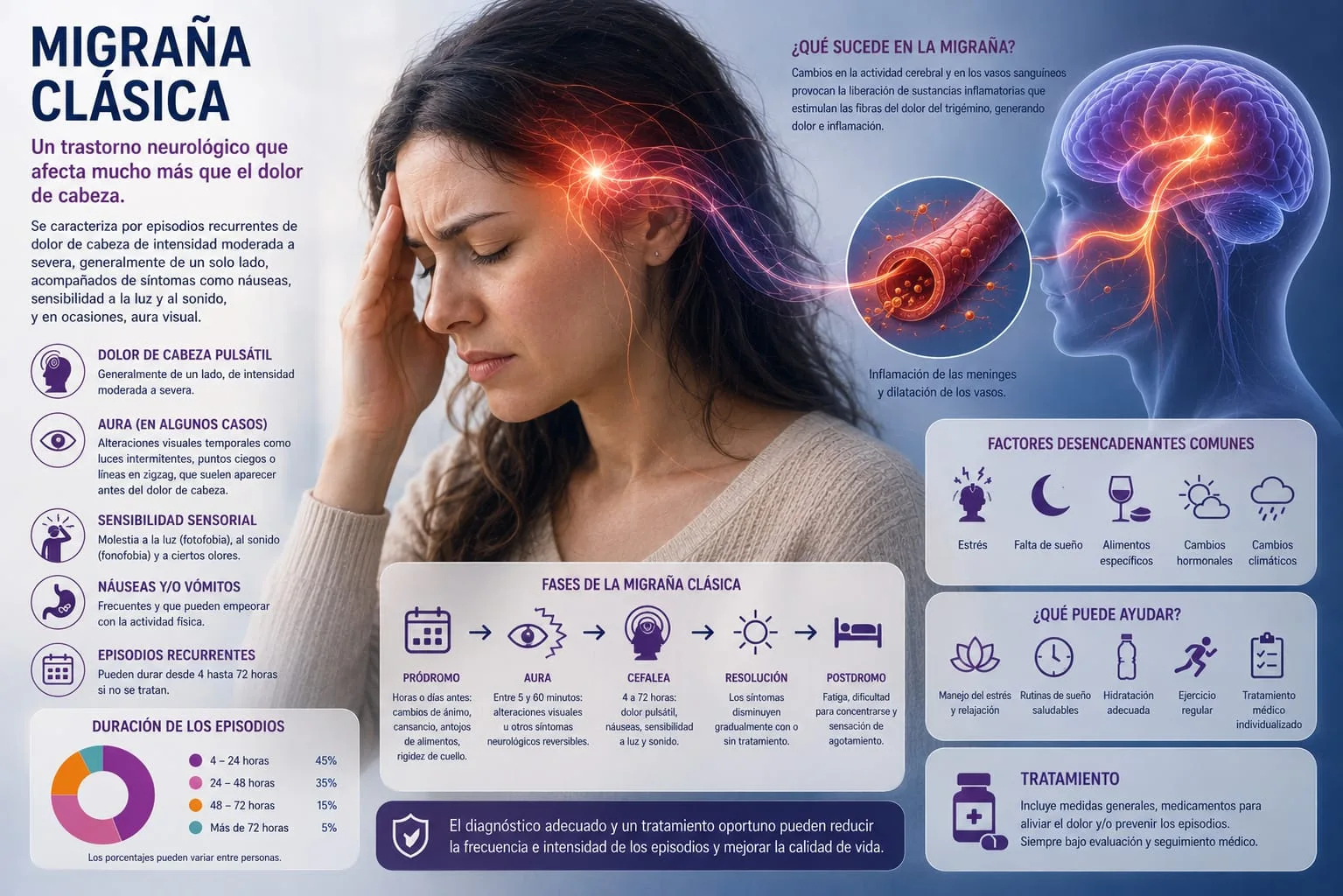 Mujer con dolor de cabeza pulsátil característico de migraña, con esquema de aura visual, fotofobia, fonofobia y náuseas
