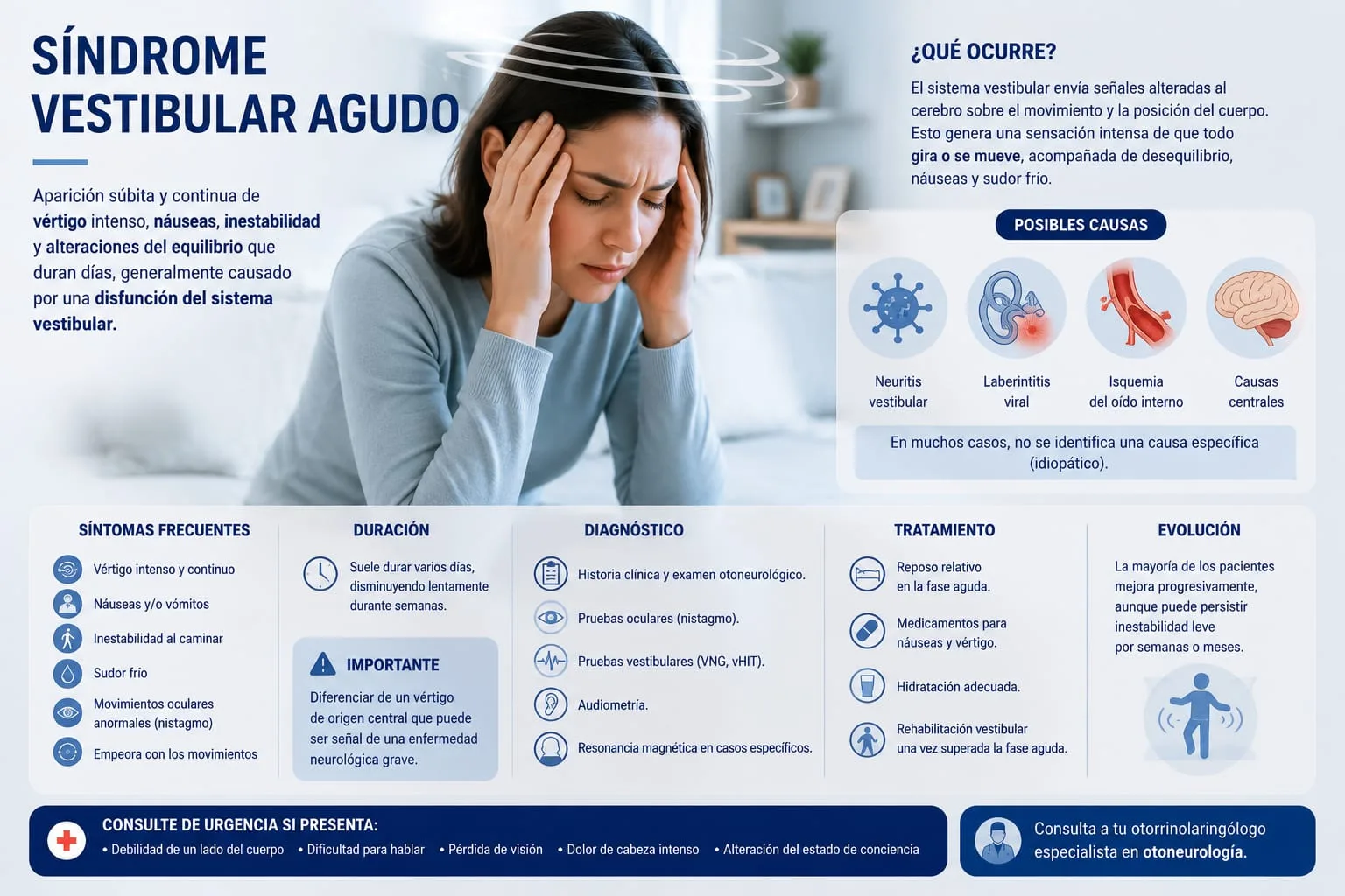 Persona con vértigo agudo intenso y continuo, con esquema del mecanismo vestibular, causas periféricas (neuritis, laberintitis) y la caja de alarma para descartar causa central
