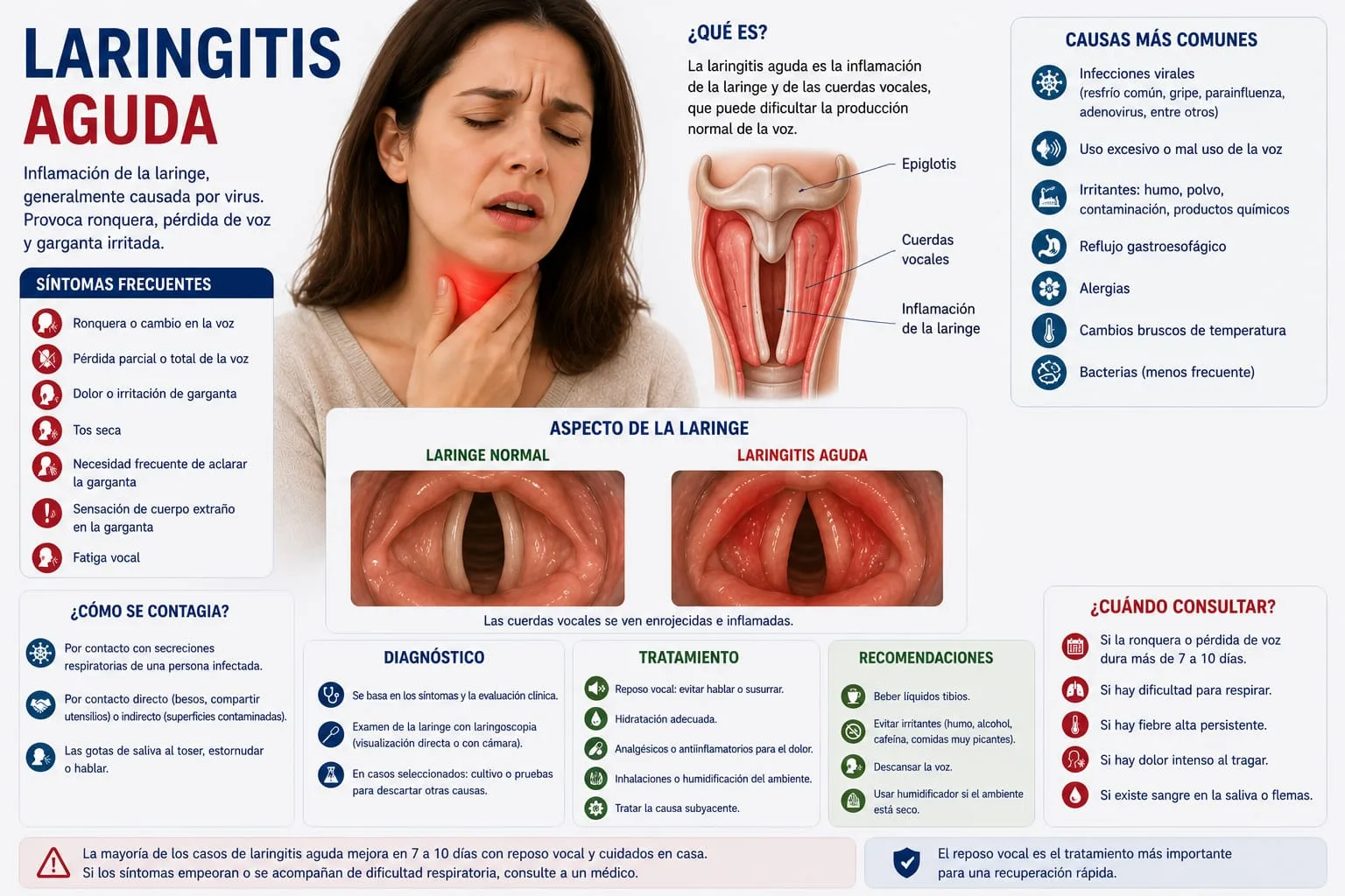 Infografía de laringitis aguda con síntomas de ronquera y pérdida de voz, y comparación laringoscópica entre una laringe normal y una inflamada