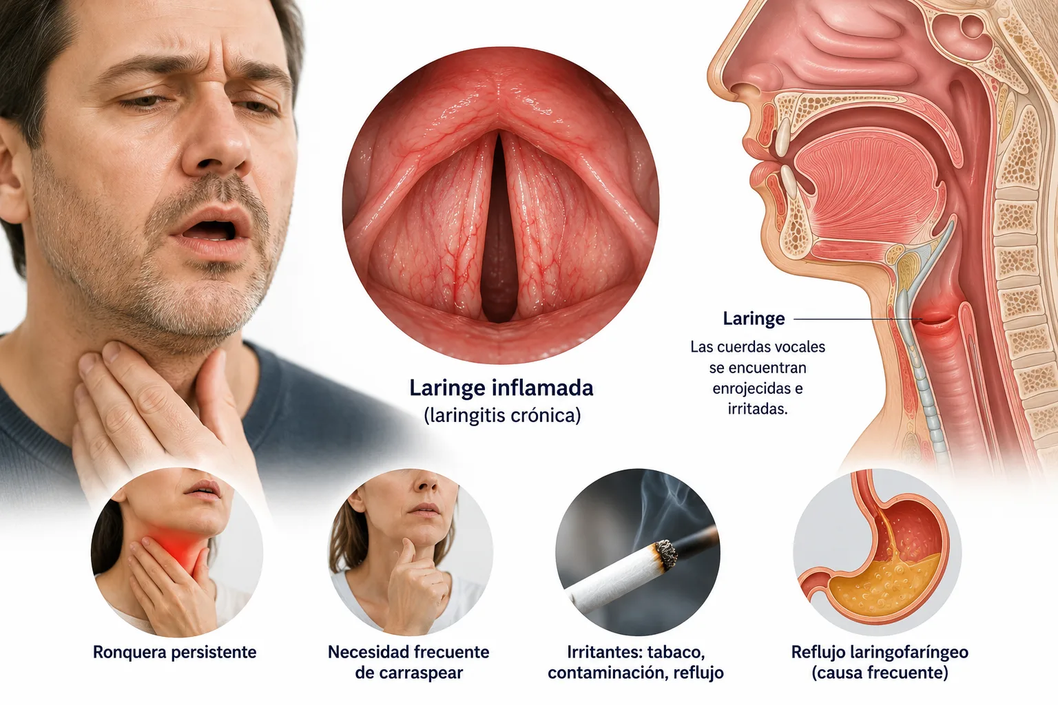 Infografía de laringitis crónica con factores causales mantenidos (tabaco, reflujo laringofaríngeo, ronquera persistente y carraspeo frecuente)